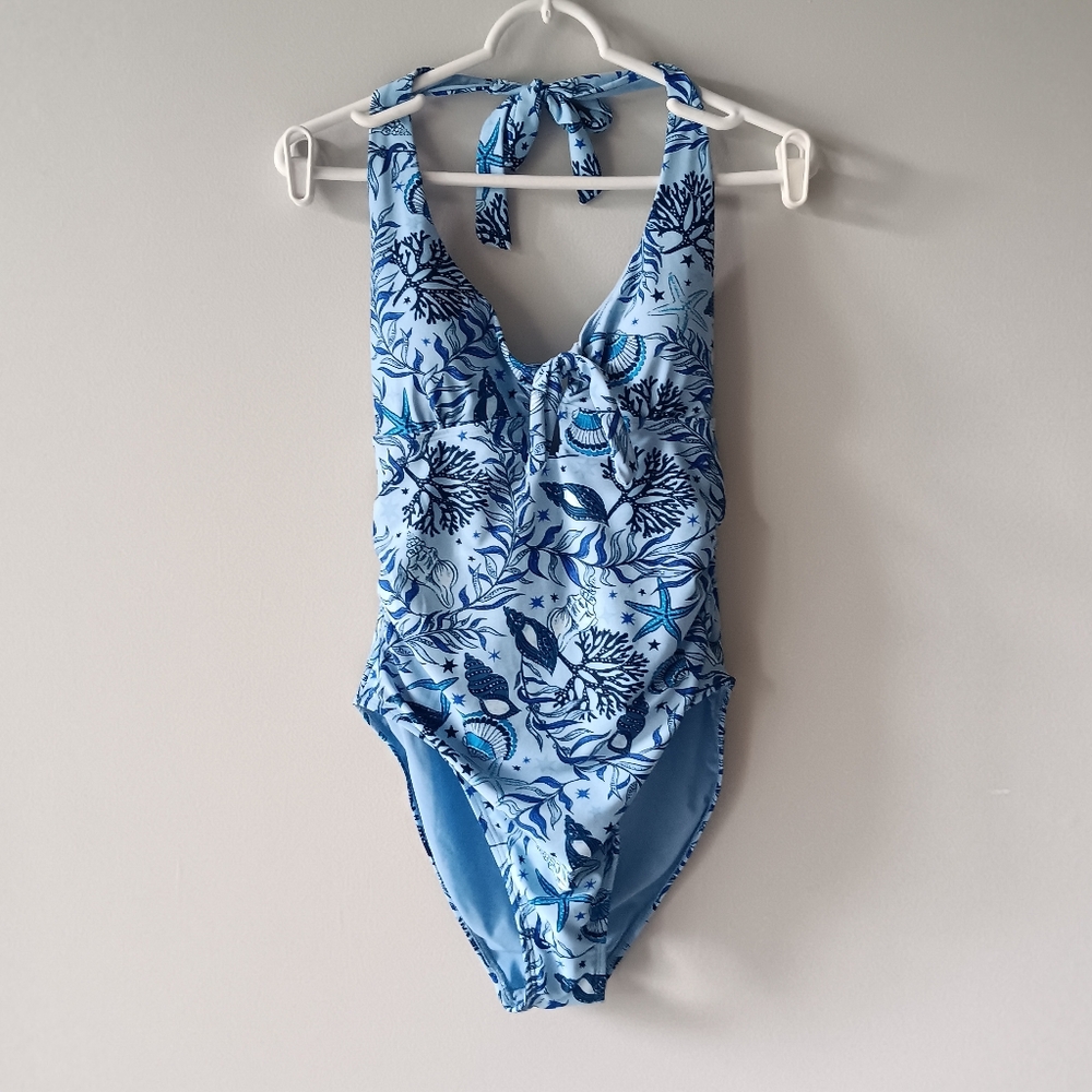 Stella Parker Tummy Toner One Piece Halter Swimsuit Blue Shore Large